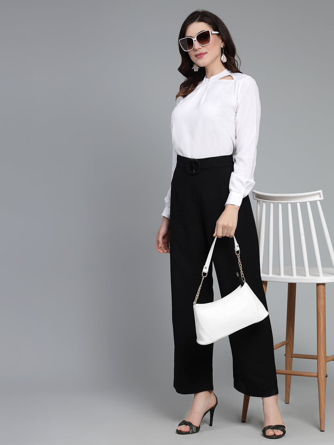 Style Quotient Women Solid White Polyester Cutout Smart Formal Top