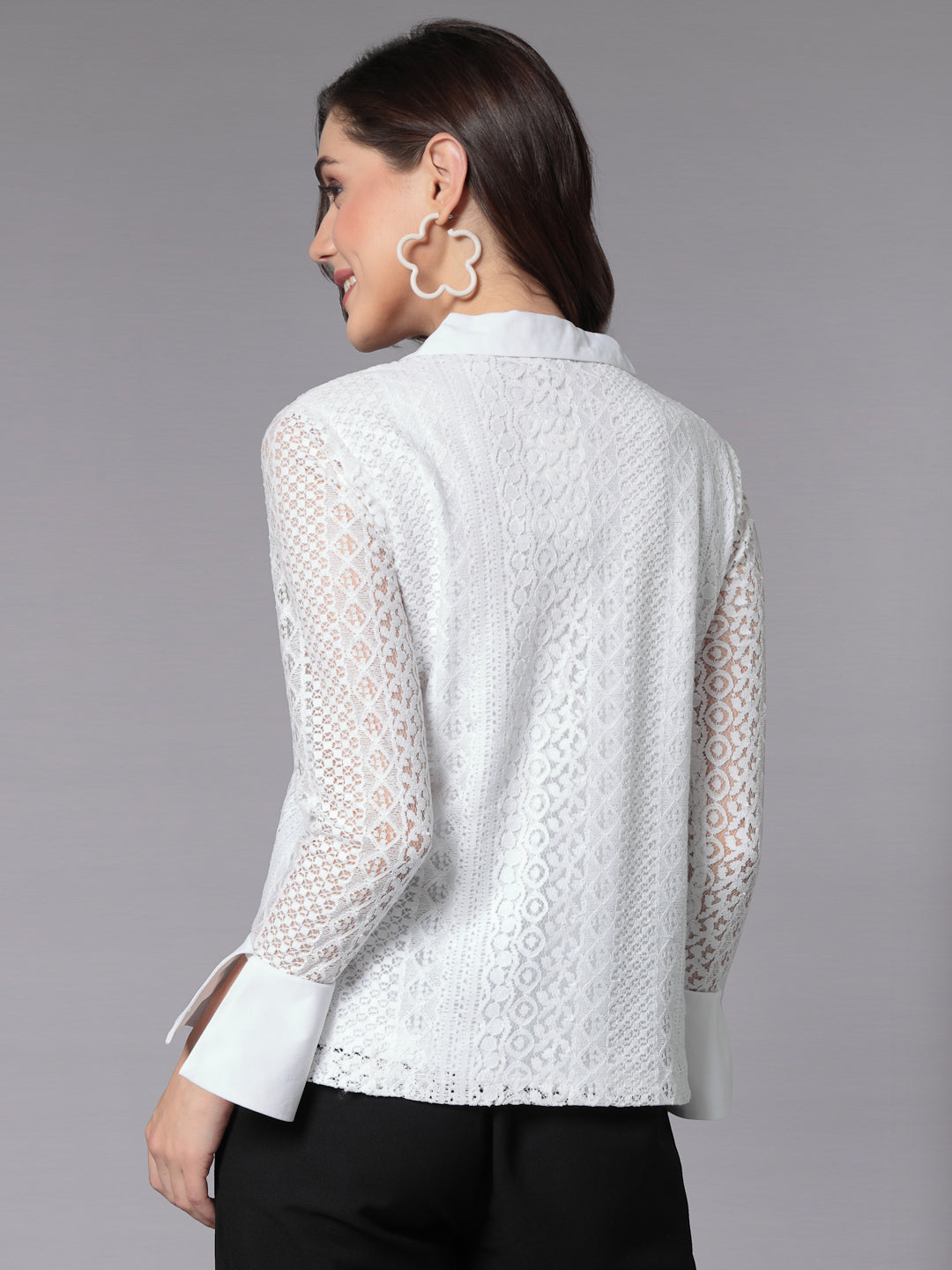 Style Quotient Women White Lace Smart Fit Long Sleeve Shirt