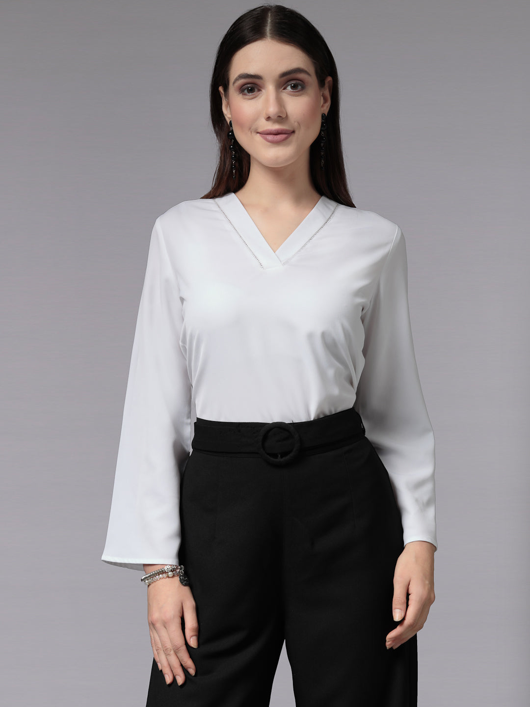 Style Quotient Women Smart White Opaque V-Neck Full Sleeves Smart Top