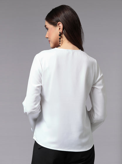 Style Quotient Women Smart White Opaque V-Neck Full Sleeves Smart Top