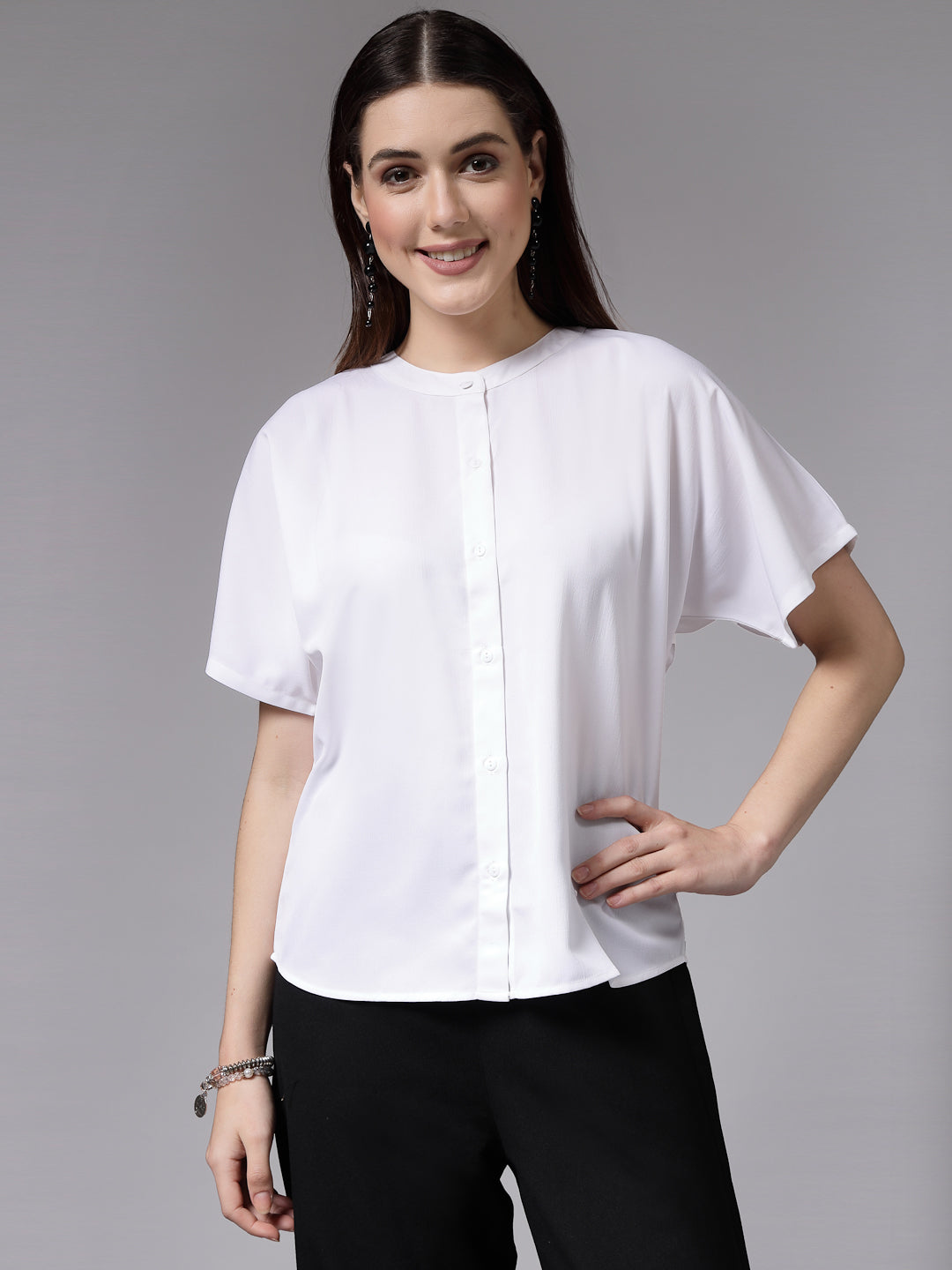 Style Quotient Women White Relaxed Fit Classic Smart Short Sleeved Shirt