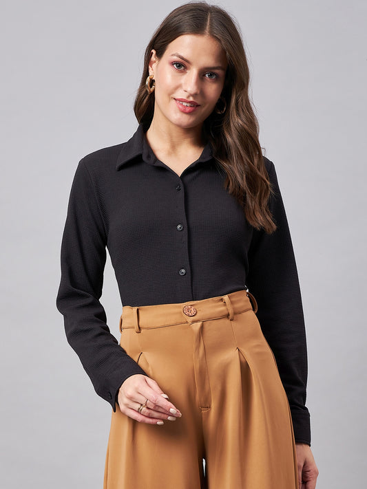 Style Quotient Women Smart Black Knit Spread Collar Full Sleeve Shirt