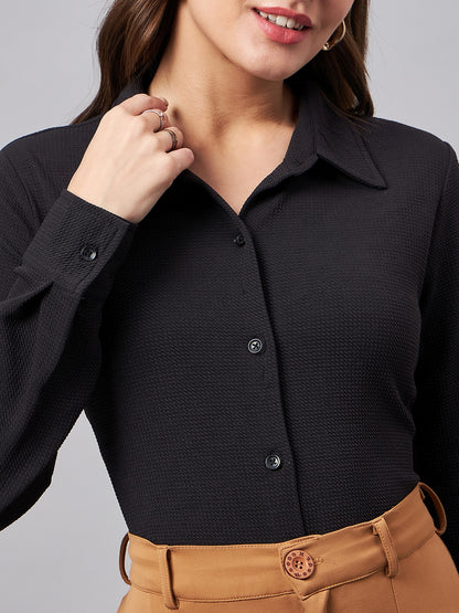 Style Quotient Women Smart Black Knit Spread Collar Full Sleeve Shirt