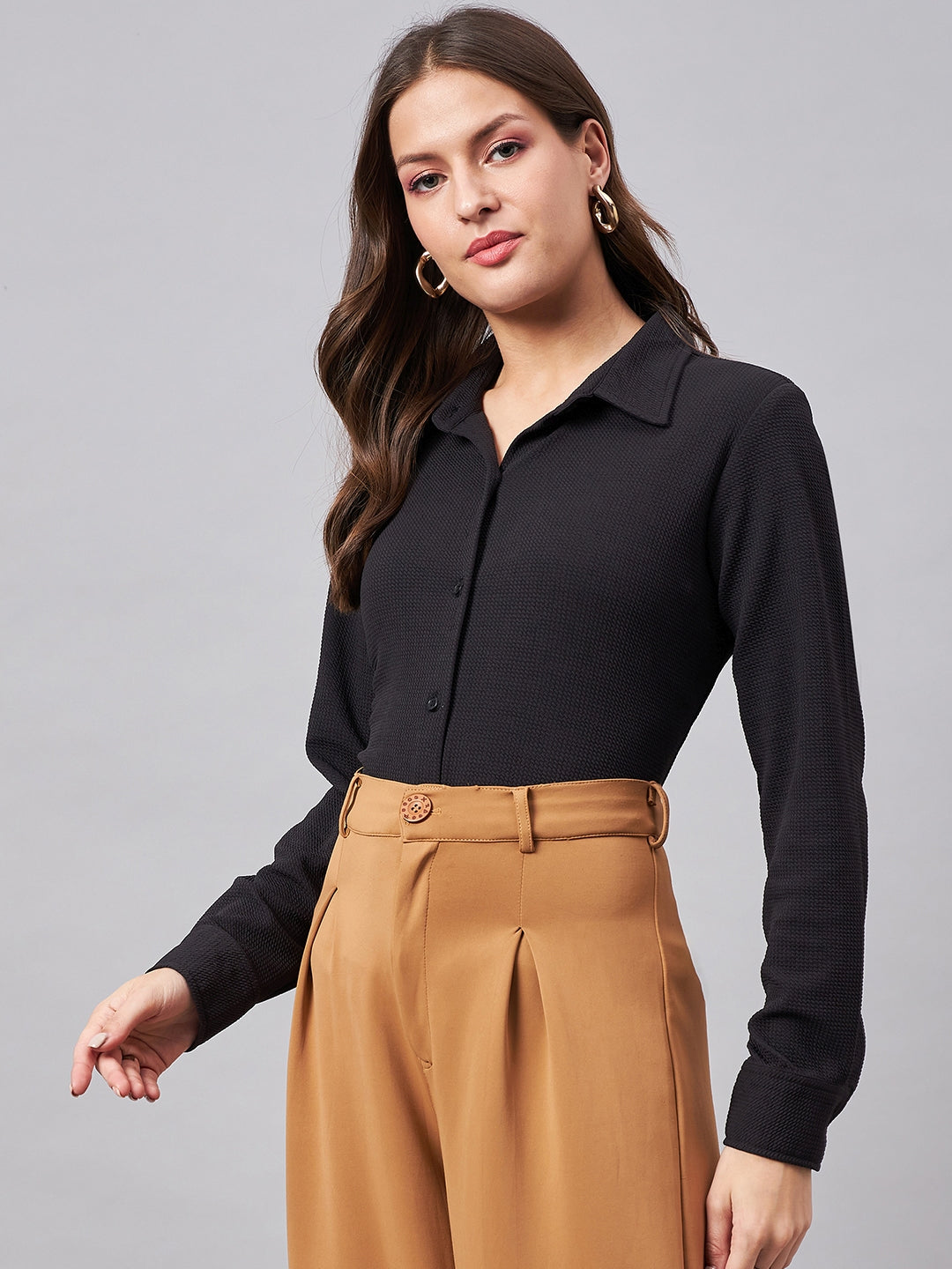 Style Quotient Women Smart Black Knit Spread Collar Full Sleeve Shirt