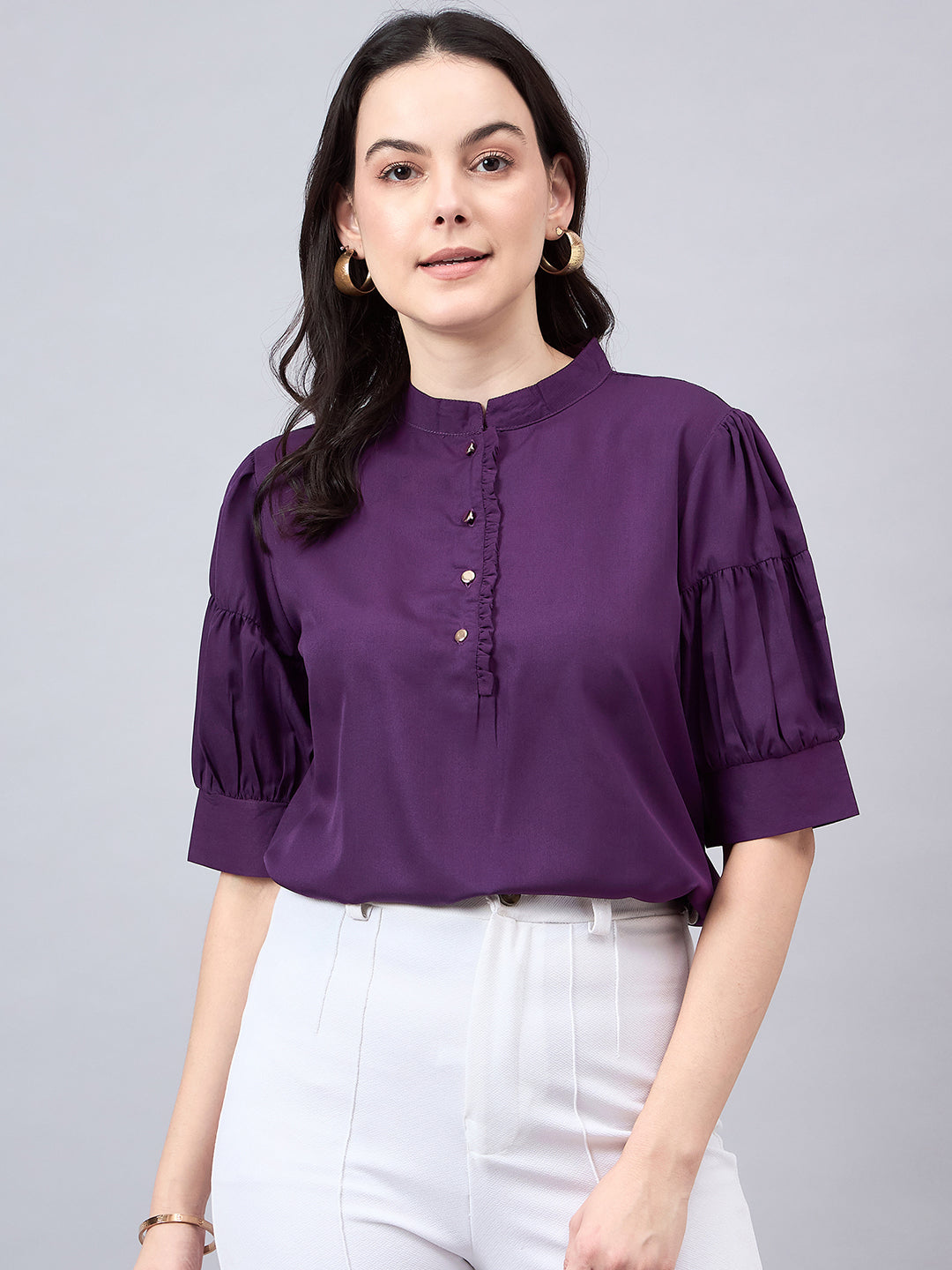 Style Quotient Women Purple Mandarin Collar Puff Sleeves Crepe Regular Top