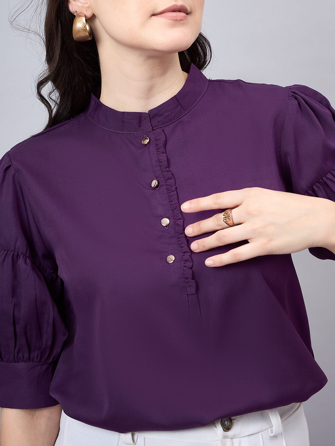 Style Quotient Women Purple Mandarin Collar Puff Sleeves Crepe Regular Top