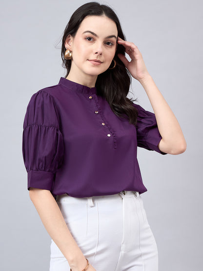 Style Quotient Women Purple Mandarin Collar Puff Sleeves Crepe Regular Top