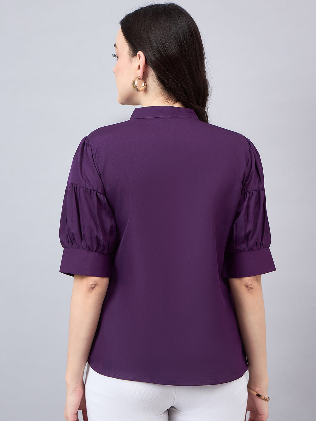 Style Quotient Women Purple Mandarin Collar Puff Sleeves Crepe Regular Top