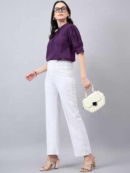 Style Quotient Women Purple Mandarin Collar Puff Sleeves Crepe Regular Top