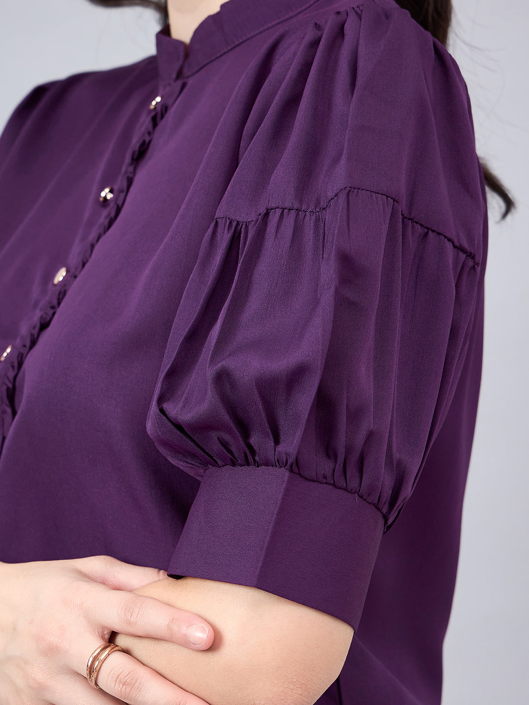 Style Quotient Women Purple Mandarin Collar Puff Sleeves Crepe Regular Top