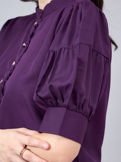 Style Quotient Women Purple Mandarin Collar Puff Sleeves Crepe Regular Top