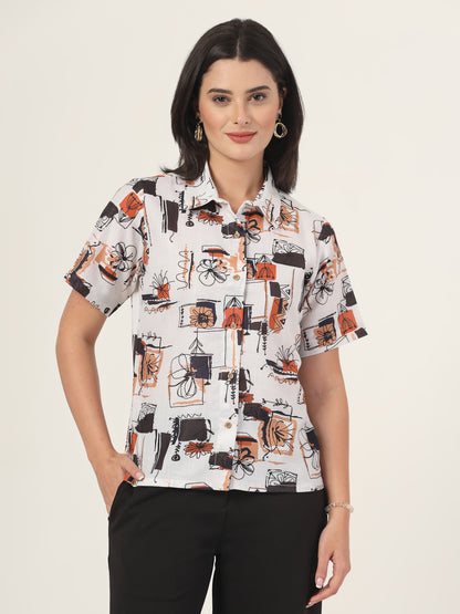 Style Quotient Women Off White and Multi Abstract Print Polyviscose Half Sleeve Formal Shirt