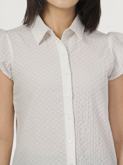 Style Quotient Women White Solid Texture Polyester Cap Sleeve Formal Shirt