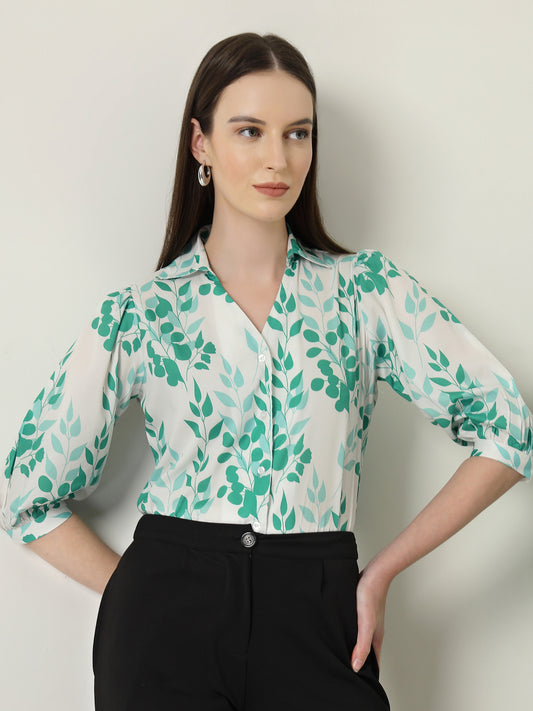 Style Quotient Women White And Green Floral Printed Polycrepe Regular Fit Formal Shirt