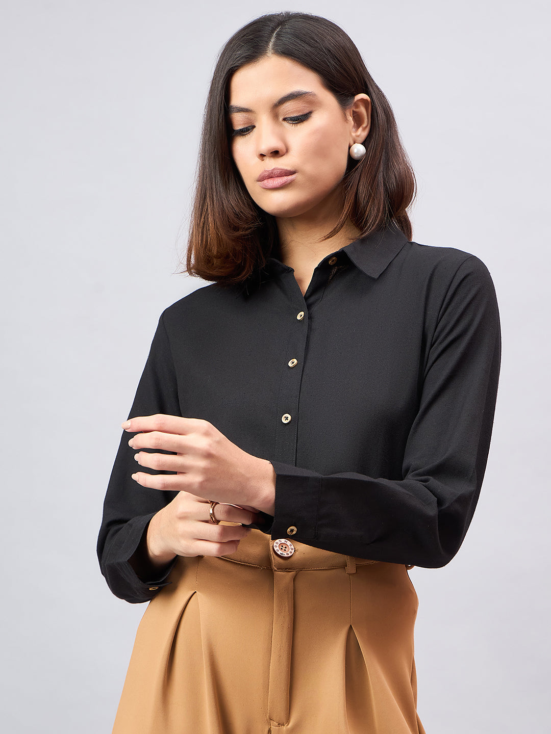 Style Quotient Women Solid Black Flex Regular Shirt