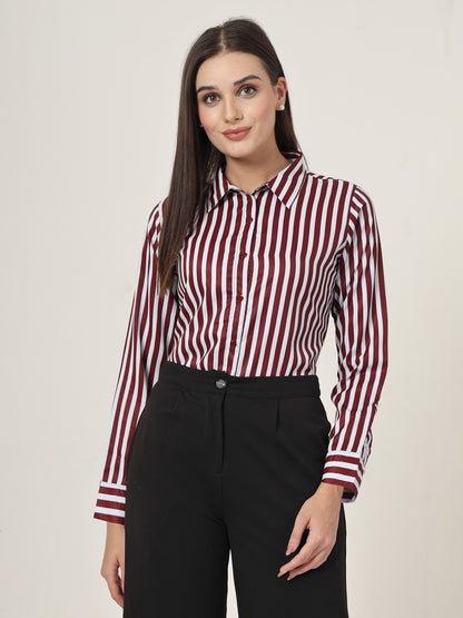 Style Quotient Women Maroon And White Stripe Printed Polyester  Regular Fit Formal Shirt