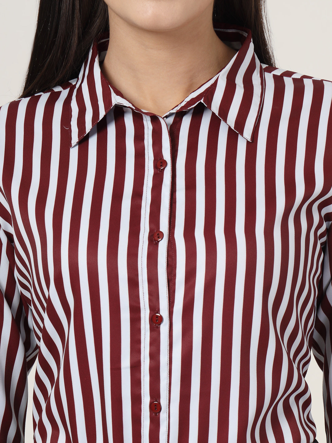 Style Quotient Women Maroon And White Stripe Printed Polyester  Regular Fit Formal Shirt