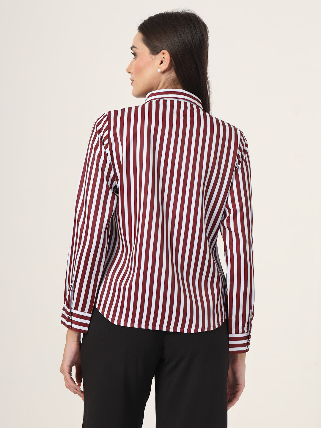 Style Quotient Women Maroon And White Stripe Printed Polyester  Regular Fit Formal Shirt