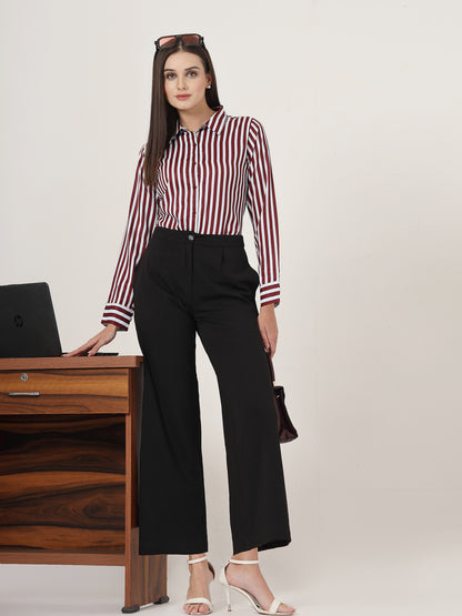 Style Quotient Women Maroon And White Stripe Printed Polyester  Regular Fit Formal Shirt