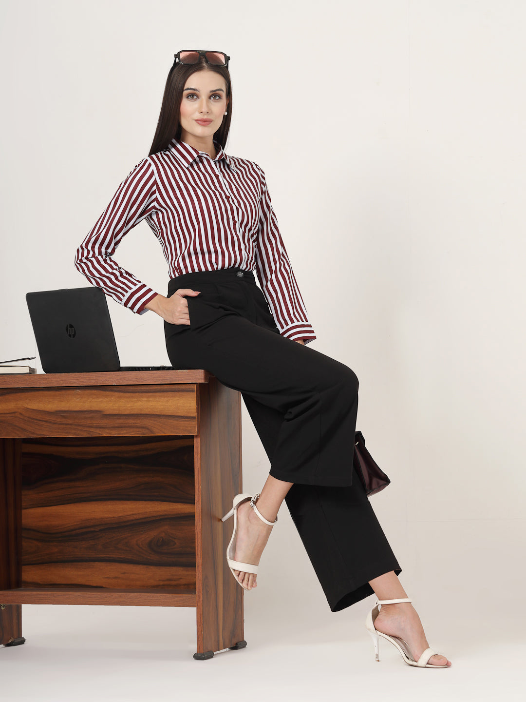 Style Quotient Women Maroon And White Stripe Printed Polyester  Regular Fit Formal Shirt