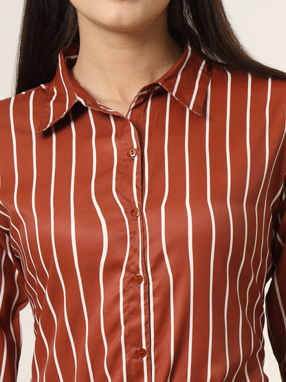 Style Quotient Women Brown And White Stripe Printed Polyester  Regular Fit Formal Shirt