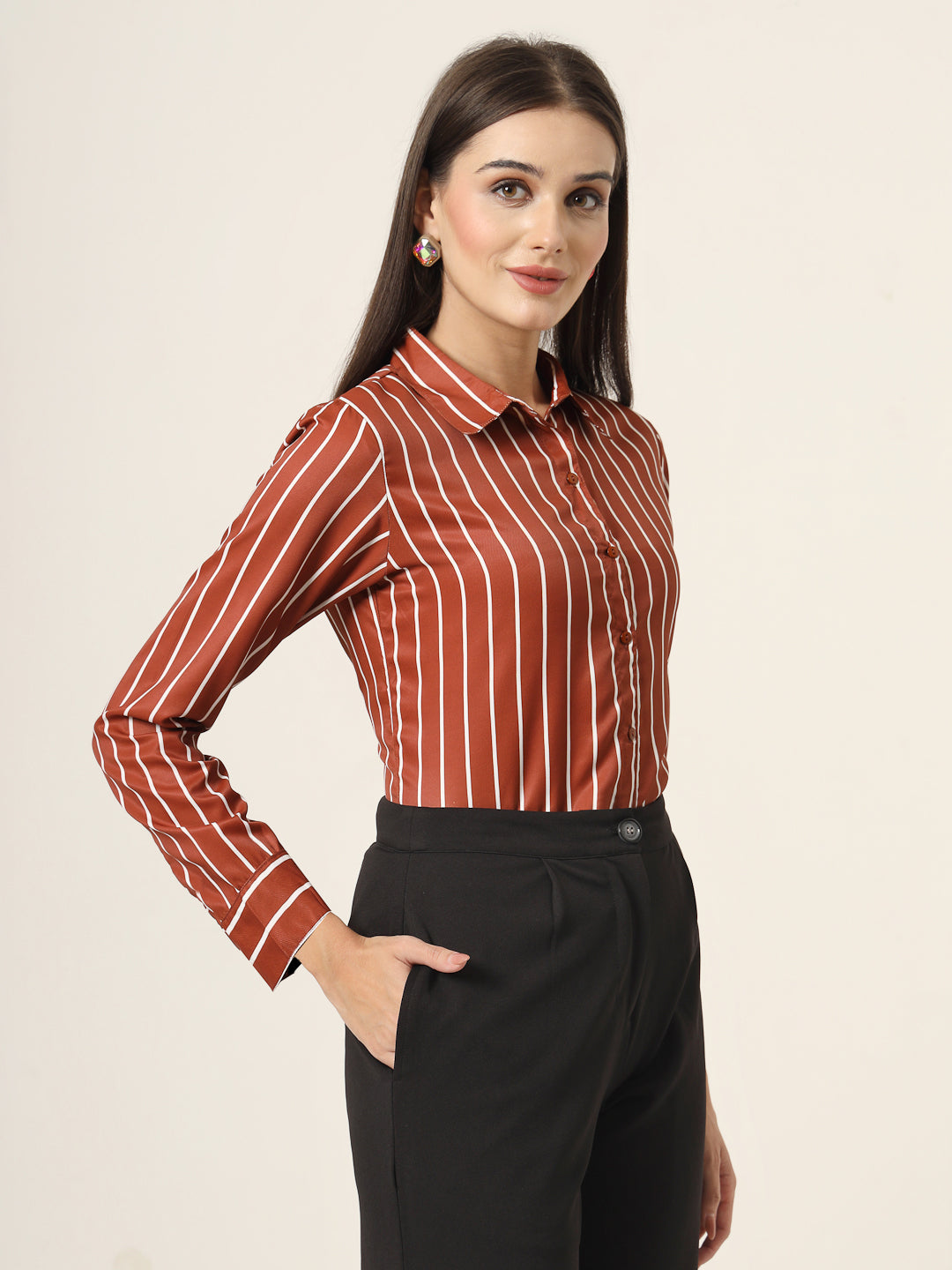 Style Quotient Women Brown And White Stripe Printed Polyester  Regular Fit Formal Shirt