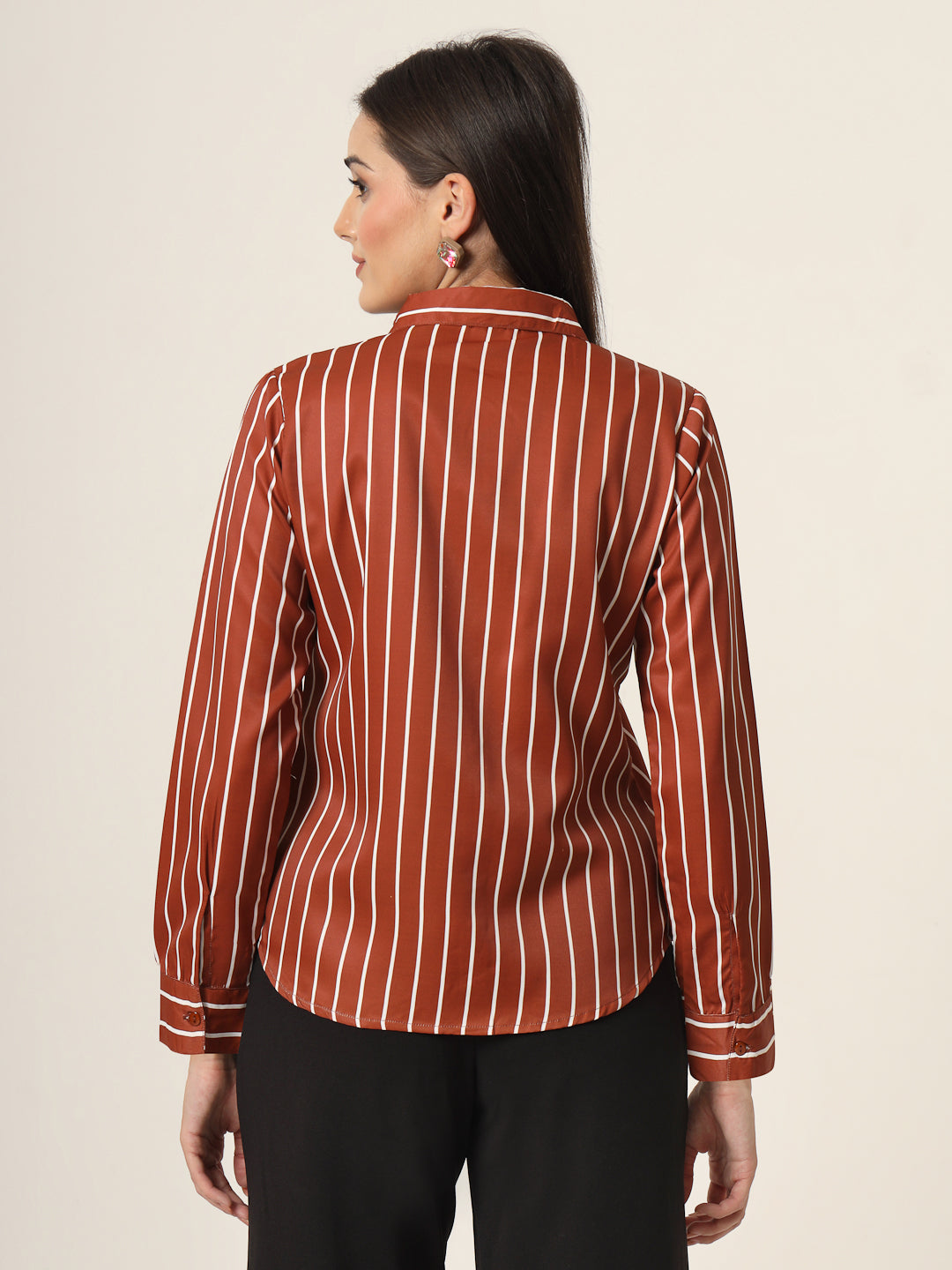 Style Quotient Women Brown And White Stripe Printed Polyester  Regular Fit Formal Shirt