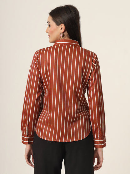 Style Quotient Women Brown And White Stripe Printed Polyester  Regular Fit Formal Shirt