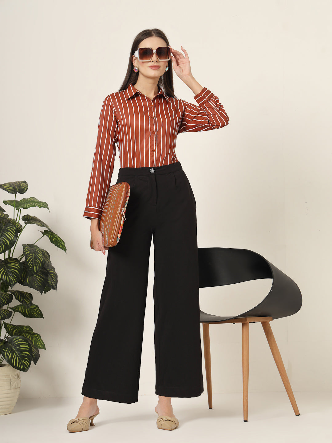 Style Quotient Women Brown And White Stripe Printed Polyester  Regular Fit Formal Shirt