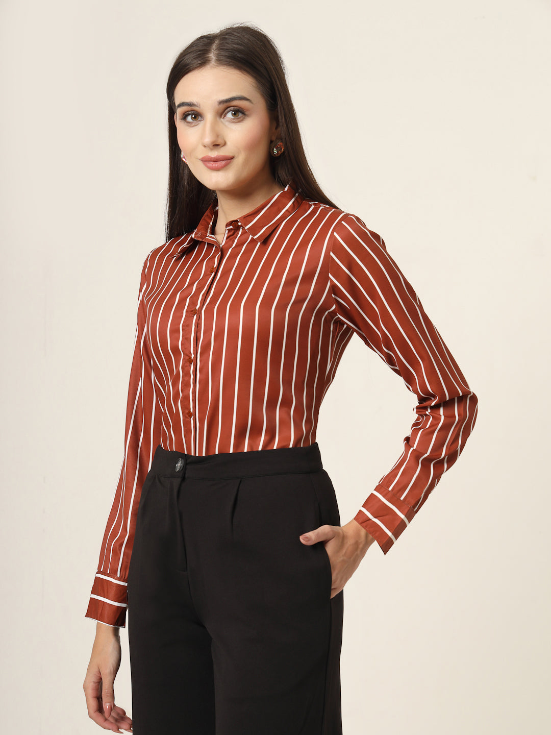 Style Quotient Women Brown And White Stripe Printed Polyester  Regular Fit Formal Shirt