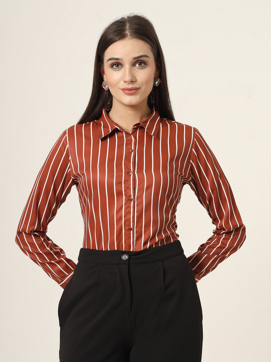 Style Quotient Women Brown And White Stripe Printed Polyester  Regular Fit Formal Shirt