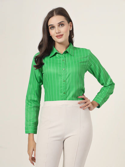 Style Quotient Women Green Stripe Printed Polyester Regular Fit Formal Shirt