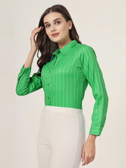 Style Quotient Women Green Stripe Printed Polyester Regular Fit Formal Shirt