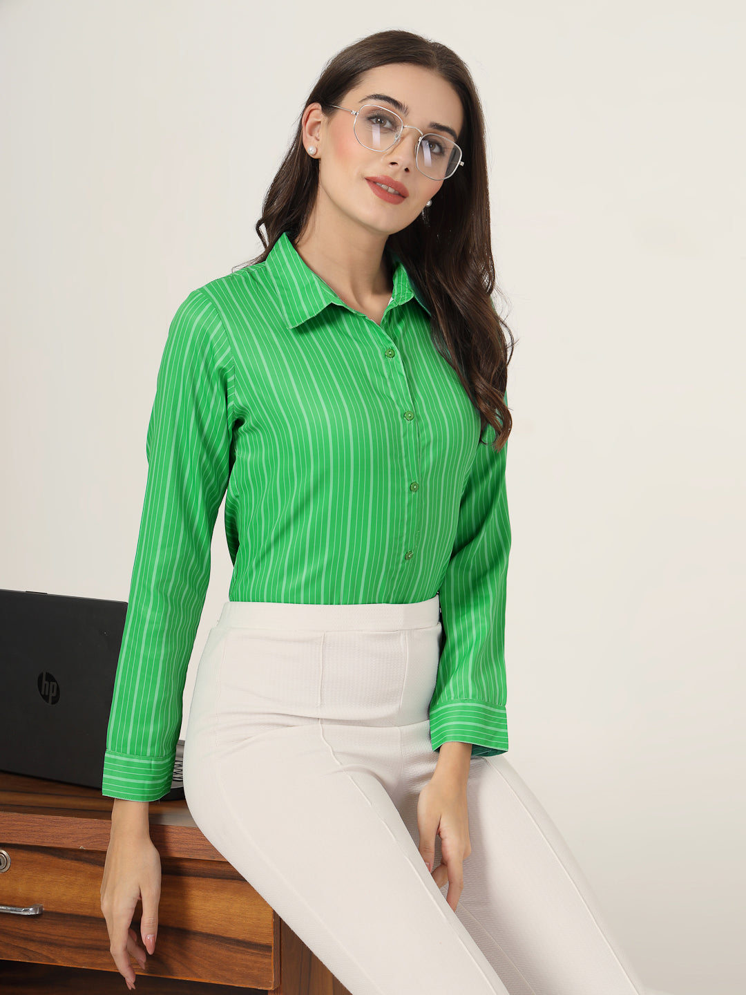 Style Quotient Women Green Stripe Printed Polyester Regular Fit Formal Shirt