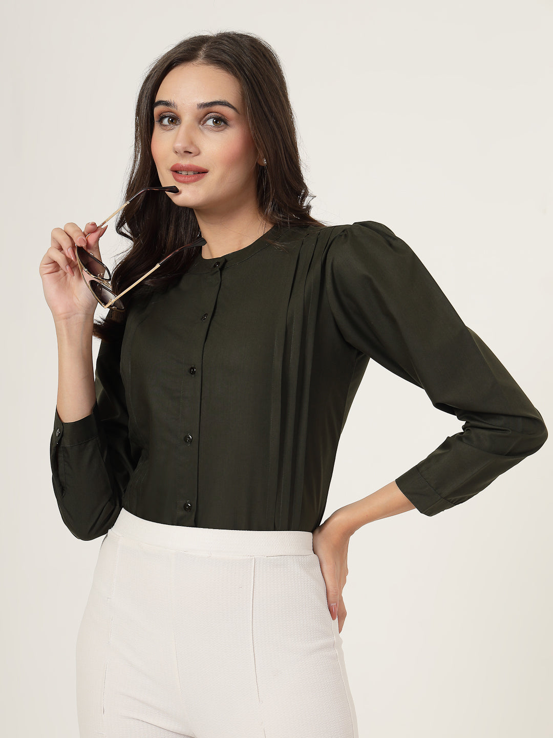 Style Quotient Women Solid Olive Polycotton Regular Shirt