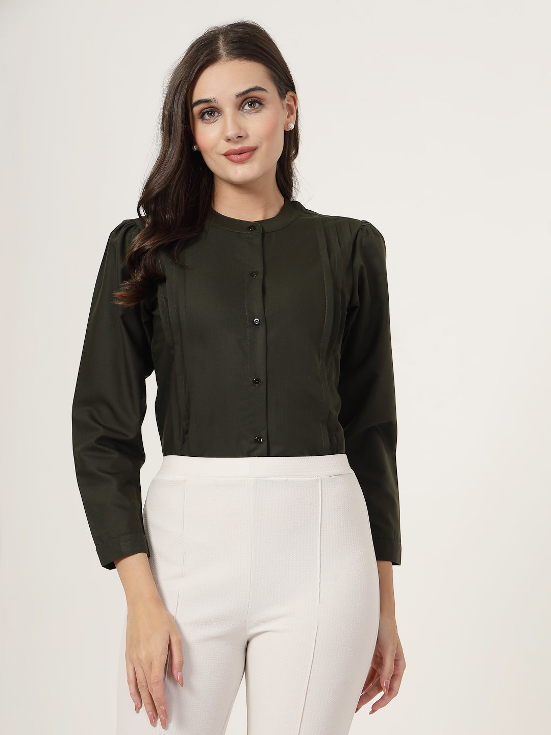 Style Quotient Women Solid Olive Polycotton Regular Shirt