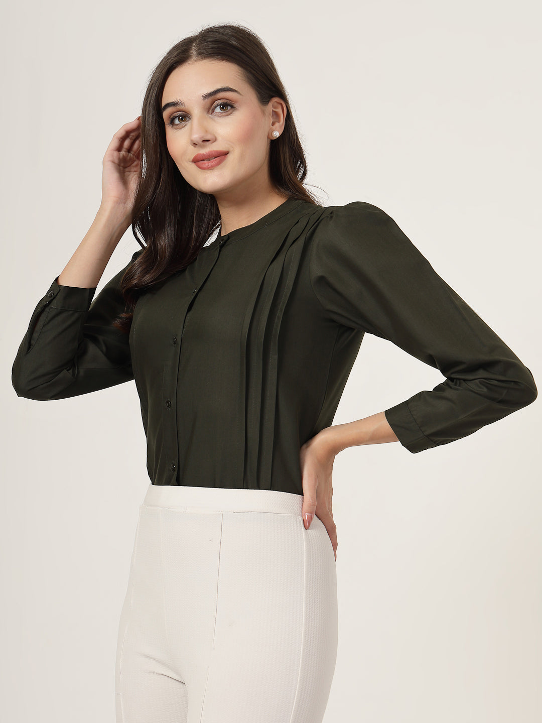 Style Quotient Women Solid Olive Polycotton Regular Shirt