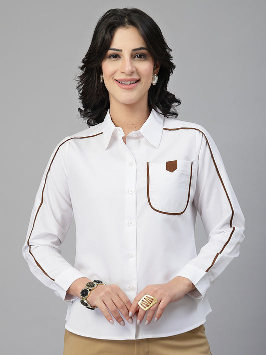 Style Quotient Women Contrast Detailing White and Tan Regular Fit Polycotton Formal Shirt