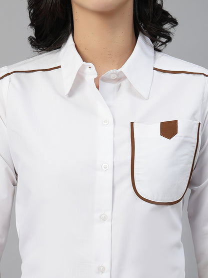 Style Quotient Women Contrast Detailing White and Tan Regular Fit Polycotton Formal Shirt