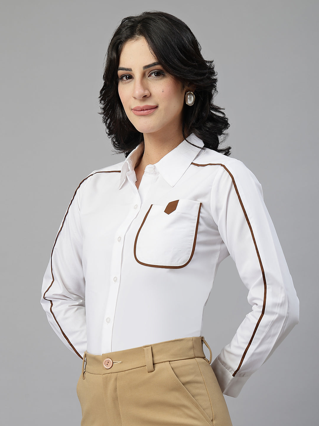 Style Quotient Women Contrast Detailing White and Tan Regular Fit Polycotton Formal Shirt