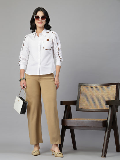 Style Quotient Women Contrast Detailing White and Tan Regular Fit Polycotton Formal Shirt
