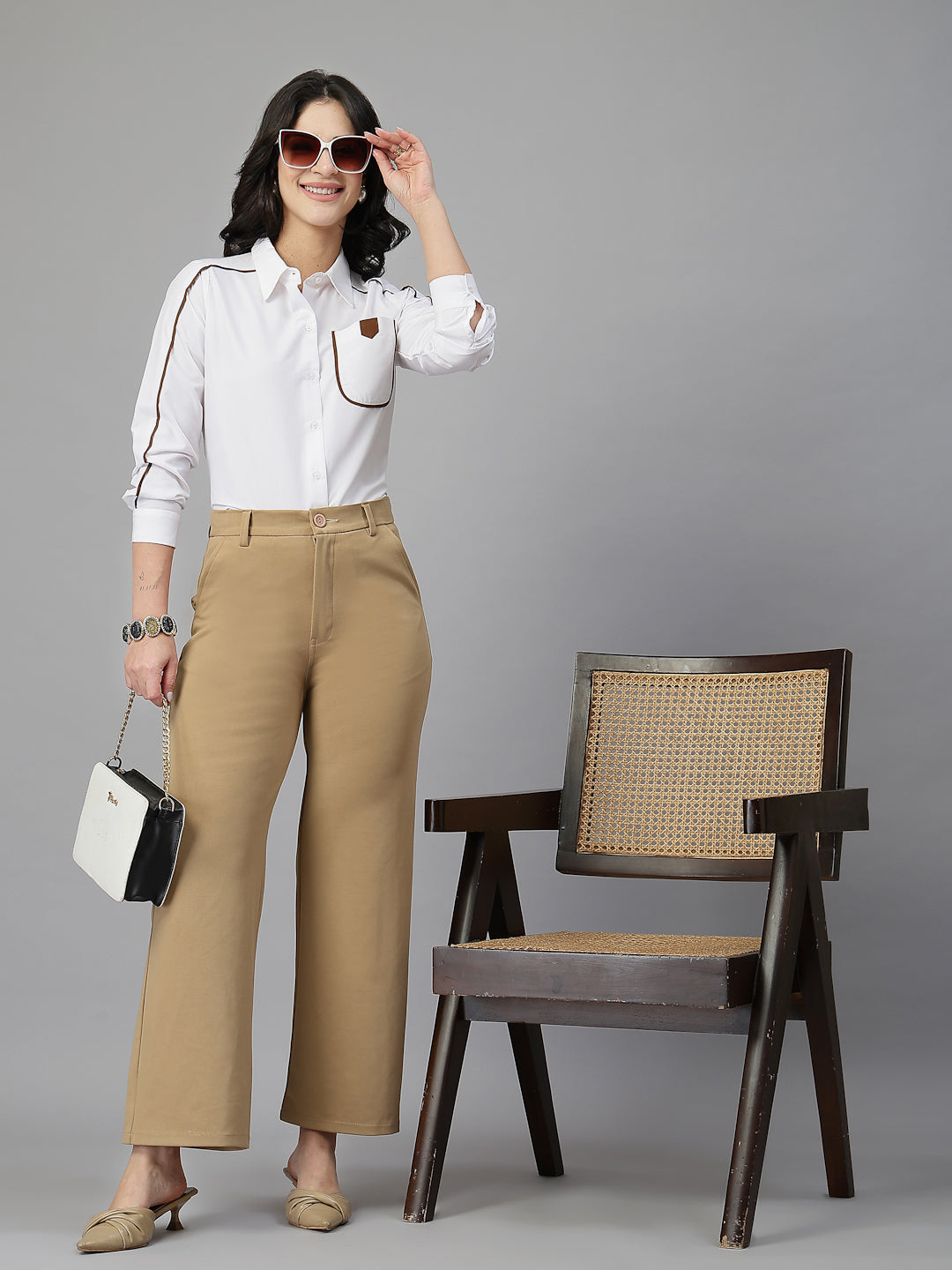 Style Quotient Women Contrast Detailing White and Tan Regular Fit Polycotton Formal Shirt