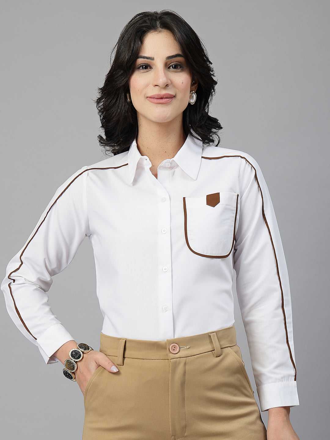 Style Quotient Women Contrast Detailing White and Tan Regular Fit Polycotton Formal Shirt