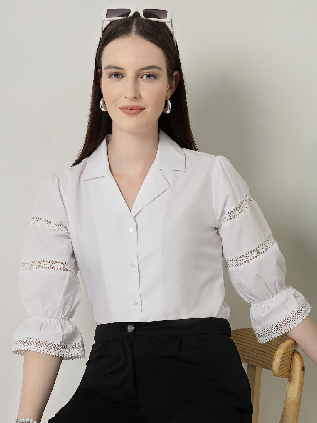 Style Quotient Women Solid White Regular Fit Lace Insert Formal Shirt