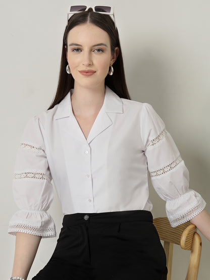 Style Quotient Women Solid White Regular Fit Lace Insert Formal Shirt