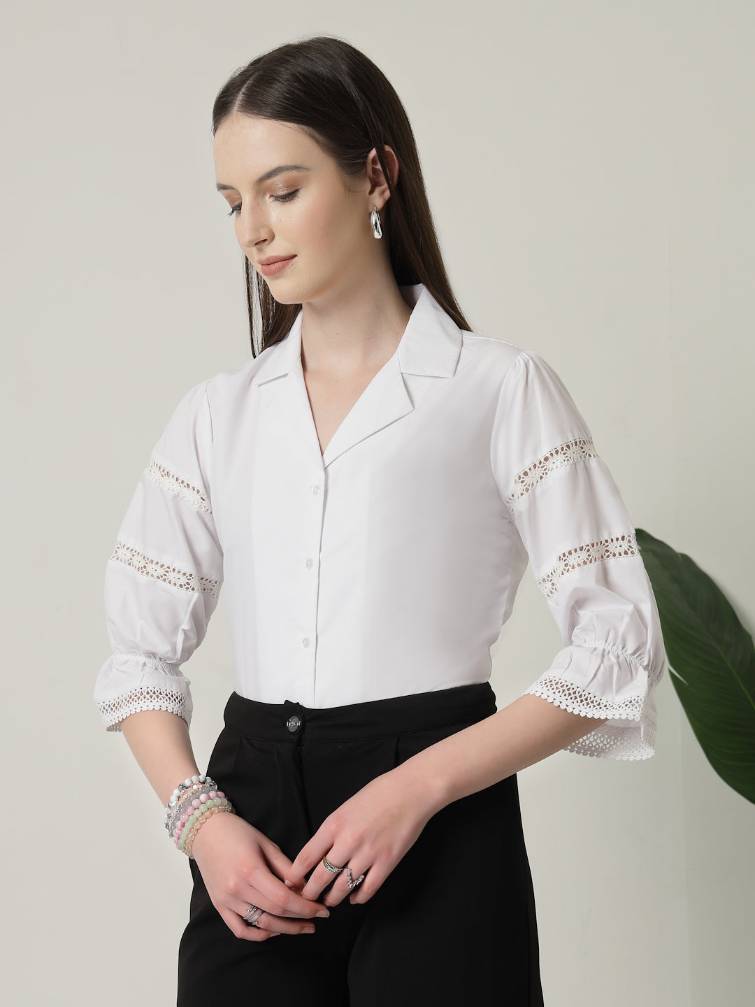 Style Quotient Women Solid White Regular Fit Lace Insert Formal Shirt