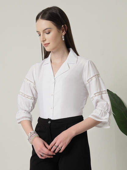 Style Quotient Women Solid White Regular Fit Lace Insert Formal Shirt