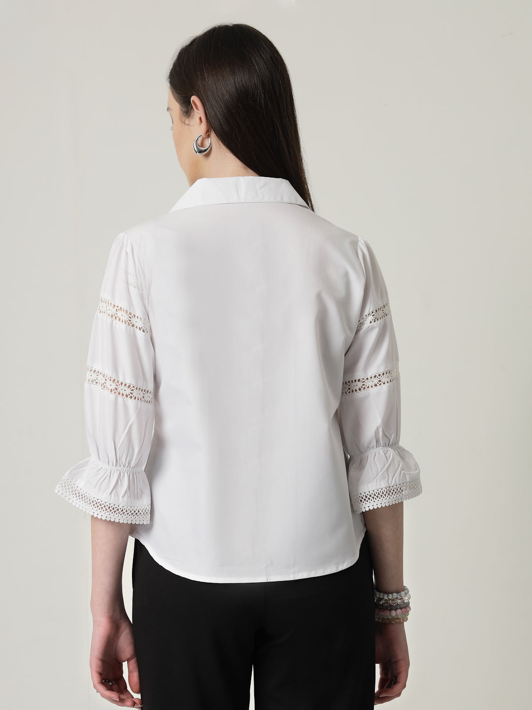 Style Quotient Women Solid White Regular Fit Lace Insert Formal Shirt
