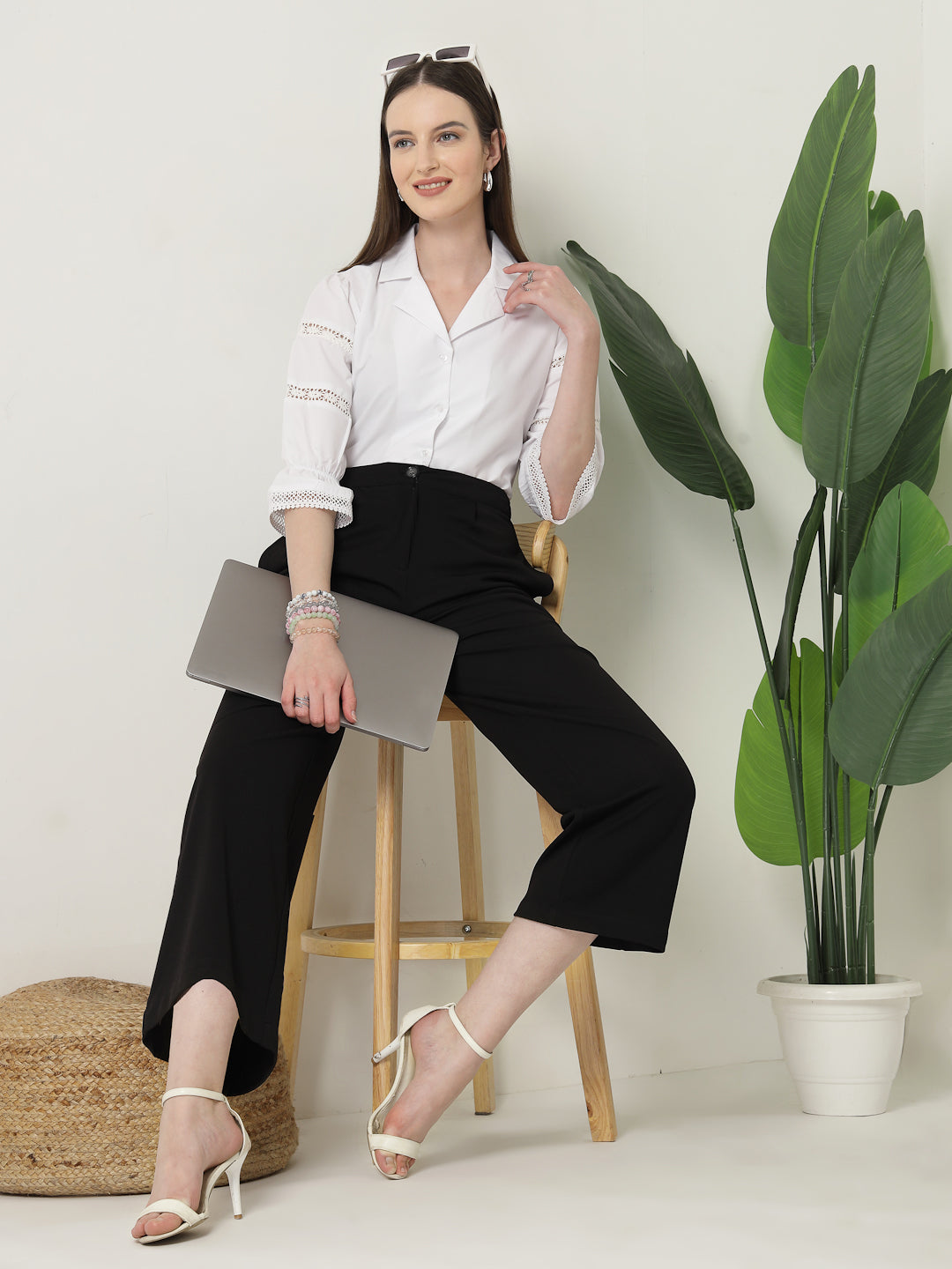 Style Quotient Women Solid White Regular Fit Lace Insert Formal Shirt