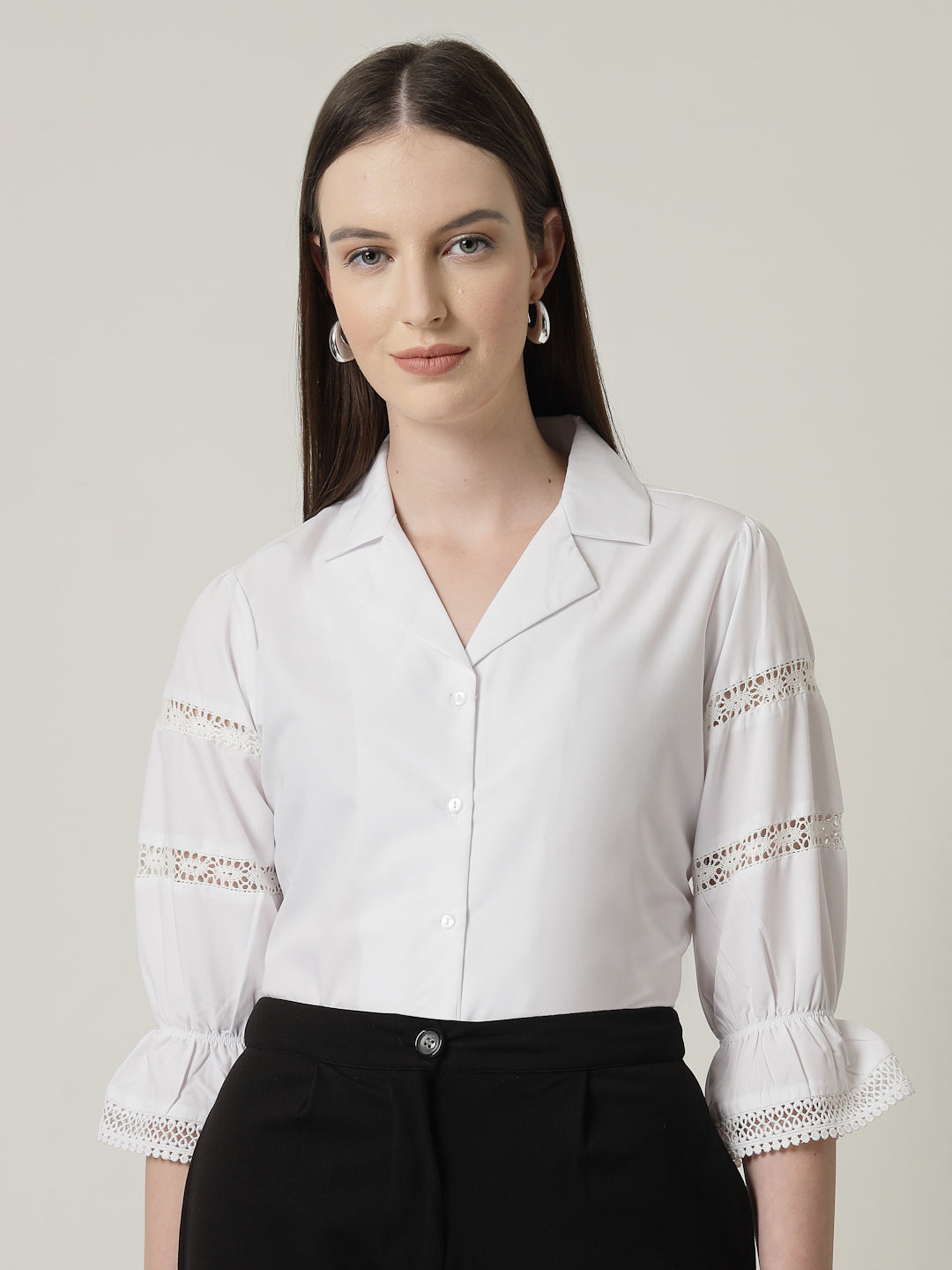 Style Quotient Women Solid White Regular Fit Lace Insert Formal Shirt